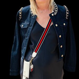 Michael Kors Dark Wash Denim Jean Jacket with Gold Chain Trim
